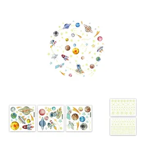 Luminous space wall stickers set with astronaut, planets and rocket for home decoration