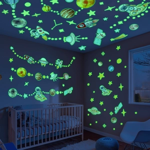 Glow in the dark space wall stickers featuring planets and rockets for nursery decor