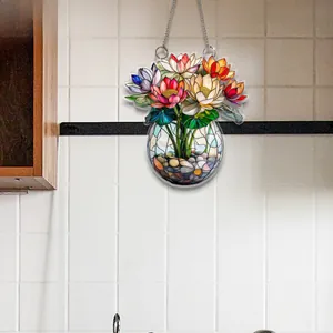 Détail d'un ornement plat 2D en acrylique avec motif de vase en verre et lotus