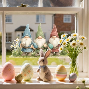 Cozy Easter window display with watercolor gnomes holding eggs and bunny decorations