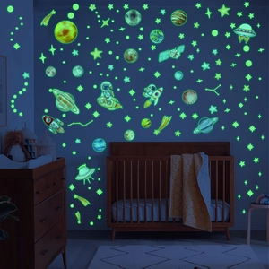Luminous space wall stickers with glowing planets, rockets, and stars for kids' bedroom