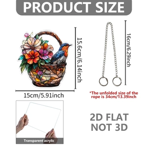Vue détaillée du pendentif panier de fleurs en acrylique 2D avec dimensions et chaîne