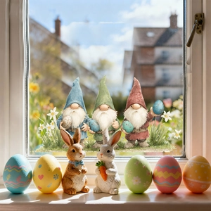Close-up of Easter window decals with gnomes and decorative rabbit figurines on a ledge