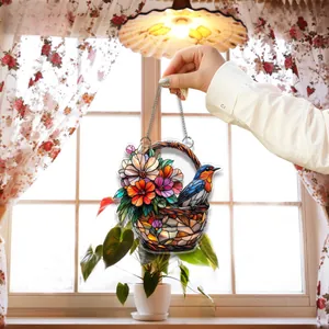 Suspension de porte plate en acrylique 2D avec motif oiseau et panier de fleurs