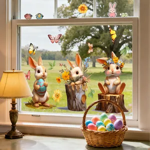 Detail of colorful Easter bunny and flower window stickers on bright glass surface