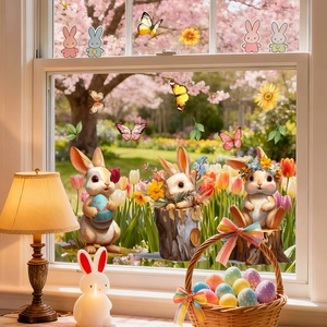 Easter bunny and egg wreath static window clings set for spring home glass decoration