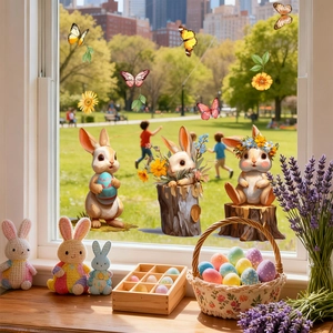 Detailed view of Easter rabbit window stickers set on glass with vibrant floral motifs