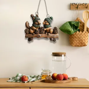 Pendentif plat 2D d'écureuils sur une bûche avec chaîne pour décoration murale intérieure