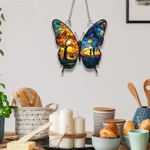 Décoration papillon 2D plat en acrylique avec scènes romantiques de coucher de soleil et lune