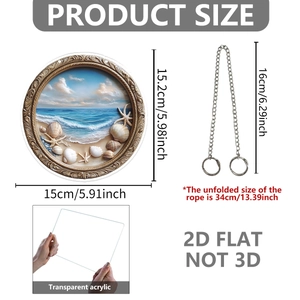 Détail du pendentif plat en acrylique océan montrant les dimensions de 15cm de diamètre