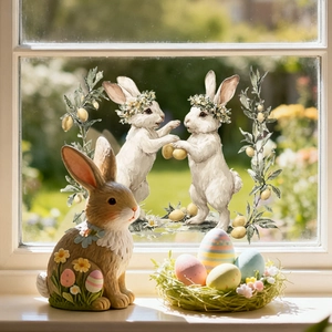 Detailansicht der Oster-Fensteraufkleber mit süßen Hasen, Blumenkranz und bunten Eiern