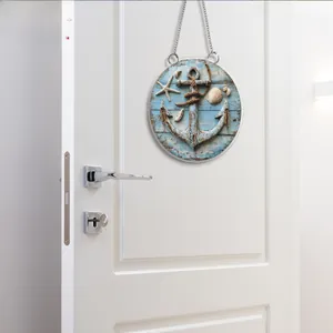 Plaque de porte ronde océan avec ancre et étoile de mer sur motif de bois bleu plat