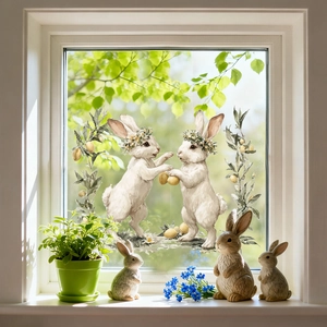 Detail der Oster-Fensteraufkleber mit süßen Hasen, goldenen Eiern und Blumenkranz-Dekoration
