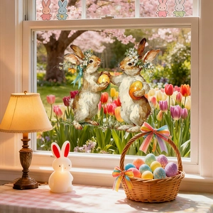 Detail von Oster-Fensterbildern mit niedlichen Hasenmotiven und Deko-Eiern für Glasfenster
