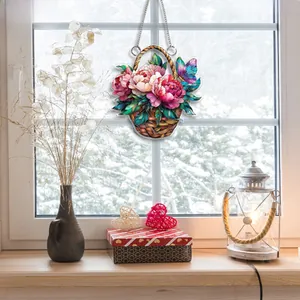 Décoration suspendue en acrylique plat avec panier de pivoines et papillon