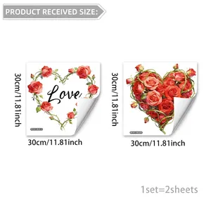 Detailed view of two 30cm watercolor rose heart static stickers with Love text