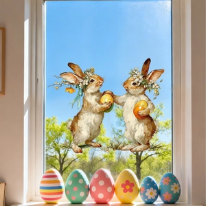 Detailansicht von Osterhasen-Fensterbildern mit bunten Eiern auf hellem Fensterhintergrund