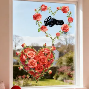 Detail of Valentine's rose heart window decals with Love lettering and floral wreath