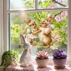 Detail von Oster-Fensterbildern mit süßen Hasen und bunten Eiern auf einer Scheibe