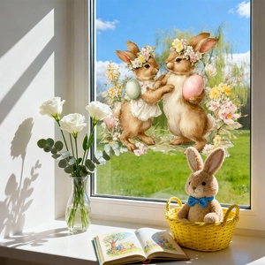 Osterhasen Fensteraufkleber mit bunten Eiern und Blumen auf Glas in sonnigem Zimmer