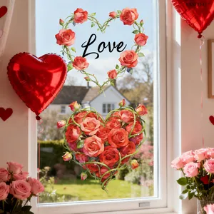 Detail of Valentine rose heart window stickers with Love text on clear glass window