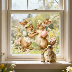 Detail von Osterhasen-Fensterbildern mit Blumenkränzen und bunten Eiern als Dekoration