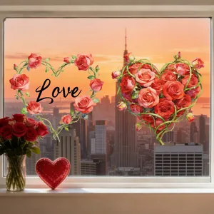 Detail of rose heart window clings with watercolor Love lettering for Valentine home decor