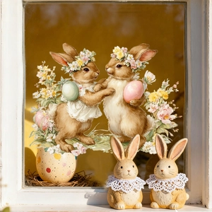 Oster-Fensterbilder mit Aquarell-Hasen und Blumeneiern auf einer Glasoberfläche