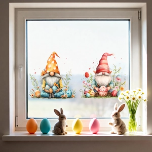 Detail der Fensterbilder mit Osterzwergen, Aquarell-Gnome mit bunt bemalten Eiern