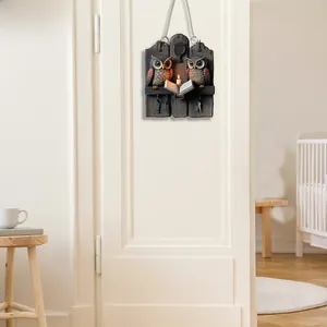 Suspension de porte plate en acrylique 2D avec hiboux lisant et crochets en métal