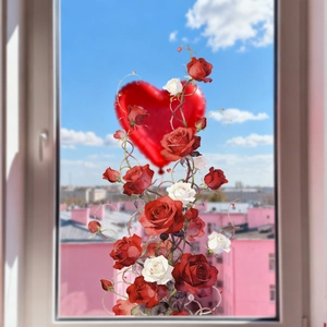 Detailed watercolor red and white rose window stickers on glass for Valentine decor