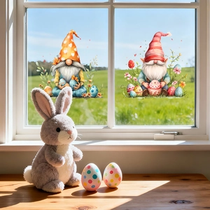 Oster-Gnom-Fensteraufkleber mit bunten Eiern und Hasendeko auf einer Glasscheibe