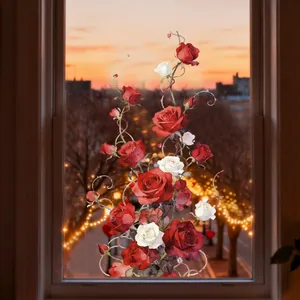 Watercolor red and white rose flower static window clings shown on glass at sunset
