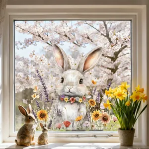 Detailansicht der Osterhasen-Fensteraufkleber mit Sonnenblumen und Lavendeldekor