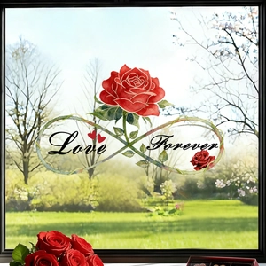 Detail of watercolor rose heart window static cling with Love Forever script on glass