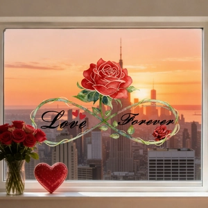 Detail of static window cling showing a red rose with Love Forever text and infinity vine