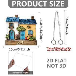 Pendentif plat 2D acrylique cottage fleuri avec texte LOVE et chaîne de suspension en métal