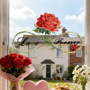 Detail of Love Forever rose and infinity symbol static window decal on glass surface