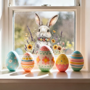 Detailansicht der Osterfenstersticker mit Blumenhase und bunten dekorativen Eiern