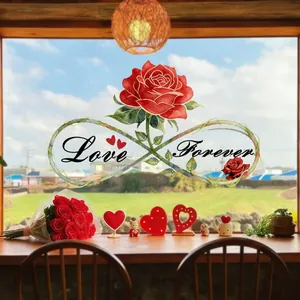 Detail of Love Forever static window cling with red rose and heart vine on glass