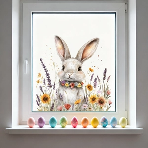 Oster-Fensterbild mit Aquarell-Hase, Sonnenblumen und Blumenkranz auf Glasoberfläche