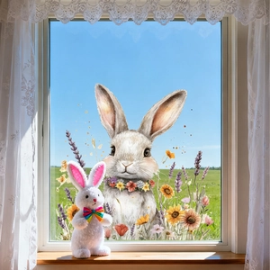 Detail von Aquarell-Fensterbild Hase mit Blumen auf einer hölzernen Fensterbank