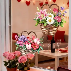 Detail of floral basket window stickers with pink lilies and purple hydrangeas on glass