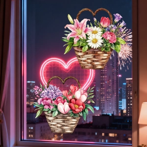 Detailed watercolor flower baskets window stickers with pink lilies and romantic night scene