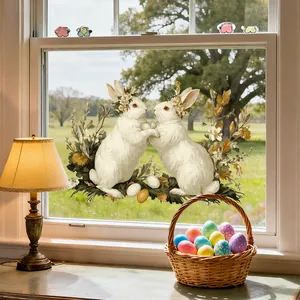 Detailed view of Easter gnome bunny window stickers set on a clear glass window