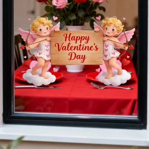 Romantic Valentine's window sticker showing cartoon Cupid with Happy Valentine's Day sign