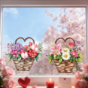 Close-up of floral heart basket window stickers with watercolor tulip and lily designs