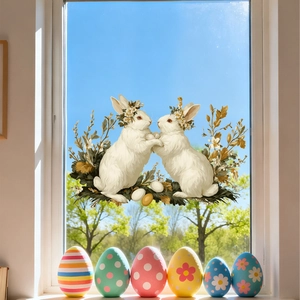 Detail of Easter window stickers showing cute white bunnies and floral eggs on glass