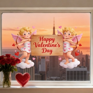 Valentine's Day static window clings with Cupid motifs and romantic sunset view