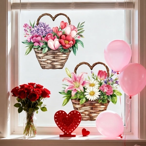 Detailed view of pink watercolor flower basket static window decals on glass